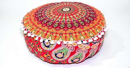 INDIAN CRAFT CASTLE ICC Mandala Barmeri Large Floor Pillow Cover Cushion Meditation Seating Ottoman Throw Cover Hippie Decorative Zipped Bohemian Pouf Ottoman Cases Red Peacock 18" Round - color: Red, size: 18"D x 18"W x 5"H