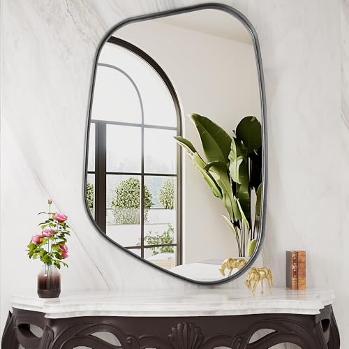 Irregular Wall Mirror 26"x40" Bathroom Mirrors Asymmetrical Artistic Decorative for Living Room Bedroom Bathroom Hallway Entryway,Trapezoid,Black - color: Black, size: 40"L x 26"W