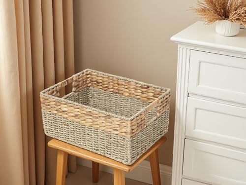 YAHUAN Natural Water Hyacinth & Seagrass Woven Storage Baskets – Wicker Storage Basket Organizer Bins with Handles for Home & Office Pantry Shelf (Large) - color: Large