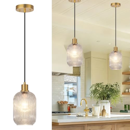 2 Pack Pendant Lights with Vintage Clear Ribbed Glass Lampshade, Adjustable Brushed Gold Pendant Lights Fixtures for Kitchen Island Lighting Sink, Dining & Living Room Hallway (Bulbs Not Included) - color: 2 Pack Brushed Gold + Clear Glass