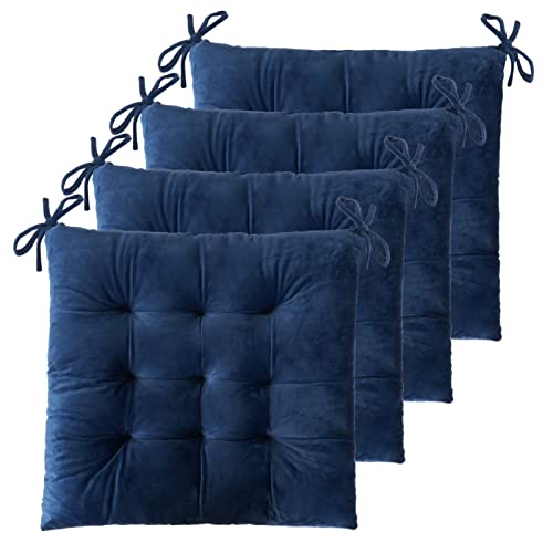 ELFJOY 4 Pack Chair Cushions for Dining Chairs Chair Pads Cushion for Kitchen Office Tufted Square Seat Cushion with Ties (16" Navy Velvet) - color: Navy