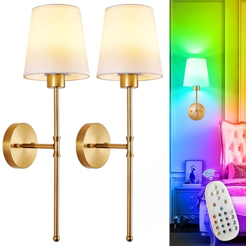 Depuley Battery Operated Wall Sconce: Set of 2 Wireless Wall Lights with 10000mAh Dimmable Bulbs and Remote for Bedroom - Rechargeable 15 Colors Gold Wall Lamp for Living Room Hallway - color: Gold, size: 24 Inch Set of 2