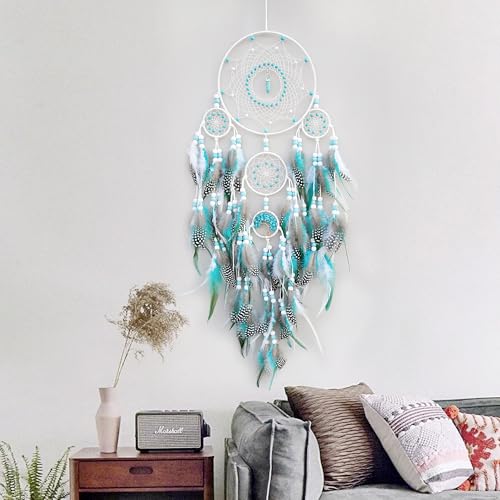 Large Dream Catchers,Boho Handmade Woven Turquoise Dream Catcher Wall Hanging Ornament for Bedroom Living Room Apartment Wedding Party Decor, Festival Blessing Gift (White+Turquoise) - color: White+turquoise
