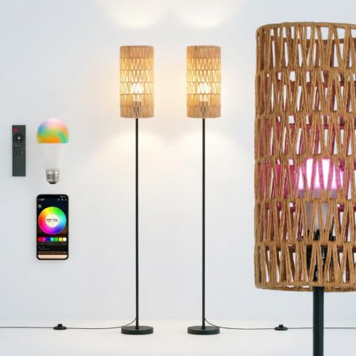 Ruiever 2 Pack Smart Floor Lamp for Living Room,Gaming - Remote, Timer Floor lamp with Remote, APP Control & RGB Standing lamp with Hand-Worked Rattan Shade Bluetooth Bulb Included - style: 2PACK Round Rattan-RGB Bulb