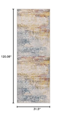BoutiqueRugs Light Gray Abstract 10ft Runner Rug Contemporary Mustard Ice Blue Navy Alexandra Hallway Kitchen Corridor Stairway Laundry Room 2'7" x 10' Stain Resistant Non-Shedding Pet Friendly - color: Gray/Mustard, size: 2'8" x 10' (Runner)