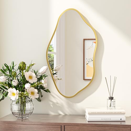 Keonjinn Gold Irregular Mirrors for Wall 16" x 28" Inch, Asymmetrical Metal Frame, Tempered Glass Decorative Mirror for Bathroom, Bedroom, Living Room, Entryway(Horizontal/Vertical) - color: Gold, size: 28"L x 16"W
