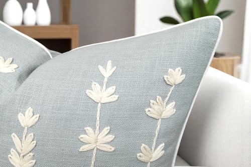 VAGMINE Embroidered Wildflower Floral 18x18 Throw Pillow Cover - Blue Grey Cotton Square Cushion for Sofa Couch Bed - Cottagecore Farmhouse Spring Decor - Daisy - color: Robins Egg-daisy, size: 18" x 18" (Pack of 1)