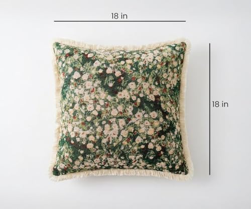 Vintage Floral Throw Pillow Cover with Fringe Trim 18x18, Cotton Cross Stitch Fabric, Abstract Oil Painting Style, Decorative Accent Cushion Cover