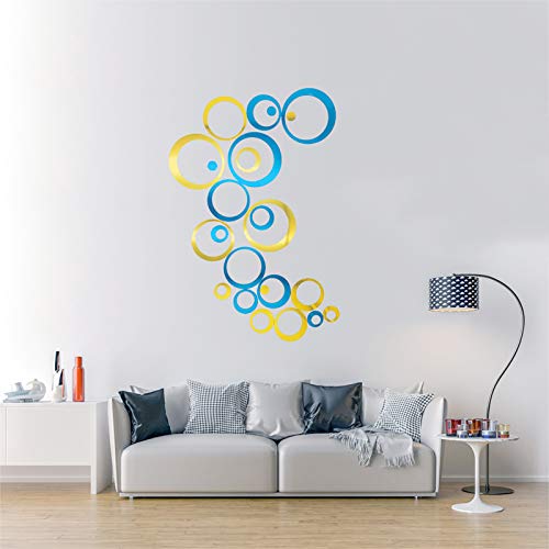 24Pcs Wall Decal Acrylic Modern Mirror Art Mural Wall Stickers for Living Room Bedroom Home Decor Blue+ Gold - color: 24pcs Circle(blue+ Gold)