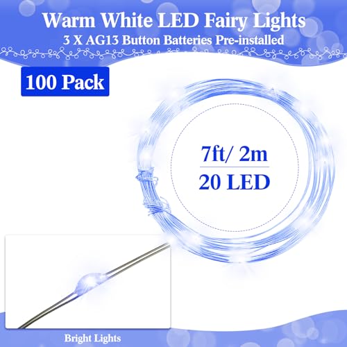 Hortsun 100 Packs Fairy Lights Battery Operated 3 Speed Modes, 7 Ft/ 2 M 20 LED Battery String Mini Waterproof Wire Twinkle Lights Bulk for Wedding Party Birthday Vases Decor (Blue Light) - color: Blue Light