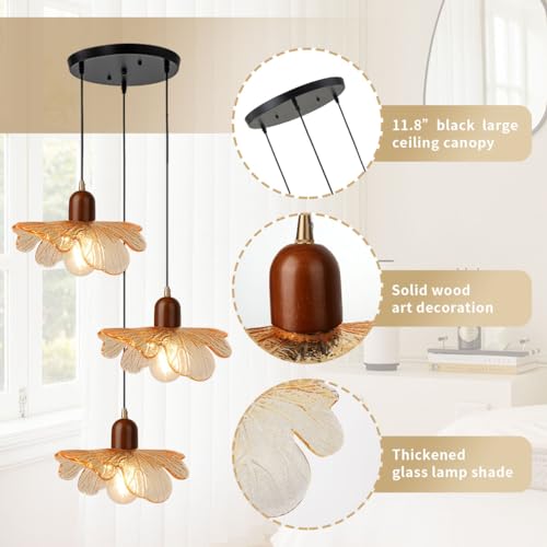 Amber Petal Glass Swag Pendant Light Fixture, 3-Light Rustic Wood Cluster Hanging Light, Adjustable Height for Greenhouse Cottage Living Room Farm Bistro Island - color: Amber, 3 Lights
