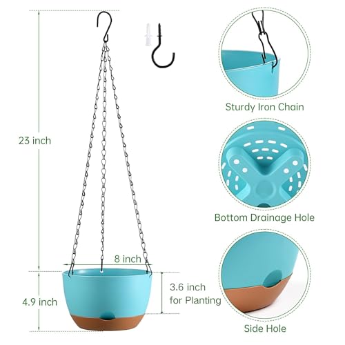 Set of 2 Hanging Planters for Indoor Outdoor Plants, 8 Inch Self-Watering Hanging Flower Pots with Drainage Hole & Removable Water-Storage Tray (Hooks) - color: Sky Blue, size: 8 Inch (S)
