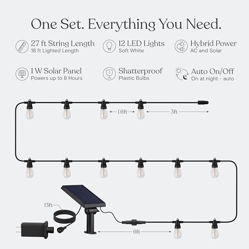 Brightech Ambience Hybrid Outdoor String Lights - Dual Plug and Solar Powered Waterproof LED Light String for Outside - 27 Ft, Soft White Edison Bulbs, for Camping, Patio, Cafe, Yard, Porch - color: Hybrid Bright, size: 27 Feet
