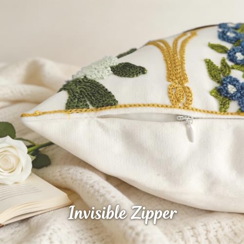 Alysheer Spring Summer Floral Embroidered Decorative Throw Pillow Cover 18"x 18" Set of 2, Flower Leaves Embroidery Patterned Multicolor Cushion Case for Sofa Couch Living Room Bedroom Outdoor - color: - Blue Mustard, size: 18" x 18" (Pack of 2)