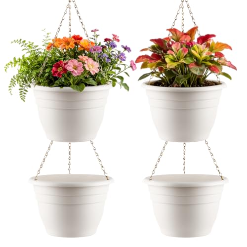 RooTrimmer Hanging Planters 10 Inch, 4 Pcs Flower Pots with Drainage Hole, Self Watering Hanging Basket for Indoor Outdoor Plants, Decor, White - color: White, size: 10 Inch-4P