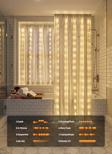 Brightown 180 LED Shower Curtain Lights, 70 Inch Warm White IP65 Waterproof Fairy Lights Battery Operated String Lights, 8 Modes Waterproof Christmas Lights for Indoor Outdoor Decor(No Curtain) - color: Warm White, size: 1 Pack-180 LED-Battery Powered