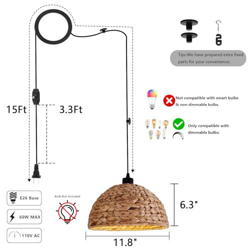 HuisMier Rattan Plug in Pendant Light with 15 Ft Plug in Cord, Hand Woven Lampshade Boho Hanging Lamp with Dimmable Switch, Farmhouse Rattan Pendant Light for Dining Room Bedroom Kitchen - color: Brown Dome