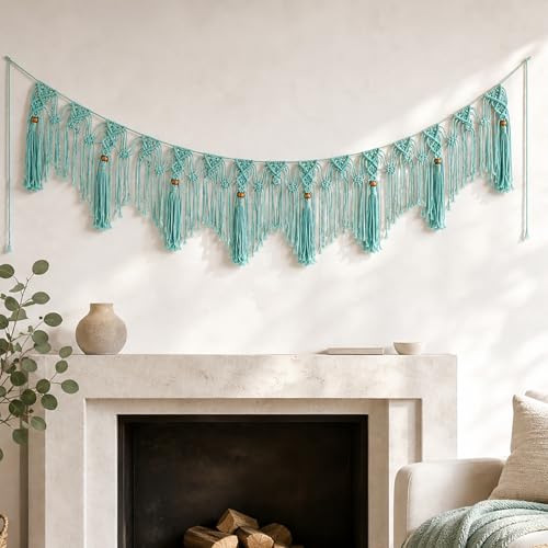 Garland Banner, Macrame Wall Hanging Decor, Boho Fringe Tassel Hanger Decoration for wall/Desk/Party/Room/Doorway/Window 55“X 12" (Tiffany Blue) - color: Tiffany Blue