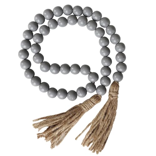 Boho Decor Wood Beads Garland Farmhouse Wall Hanging Decorations Natural Wooden Bead Tassel Decorative for Coffee Table Christmas and Prayer (Gray, 39") - color: Grey, size: 39"