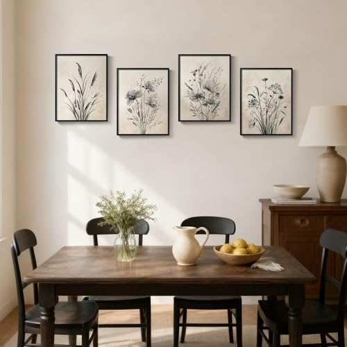 Framed Boho Vintage Botanical Wall Art, 4 Piece Black and White Floral Canvas Prints for Modern Farmhouse Bathroom, Natural Rustic Flower Artwork for Bedroom Kitchen Hallway Wall Decor, 11x14 - color: Misty - Black Framed, size: 11" W x 14" H x 4pcs