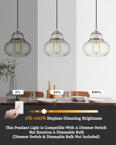 ELYONA 8 Inch Bubble Glass Pendant Light Industrial Kitchen Island Globe Hanging Pendant Light Fxiture Modern Hand Blown Seeded Glass for Farmhouse Dining Room Bar Bedroom Living Room Brushed Nickel - color: Brushed Nickel