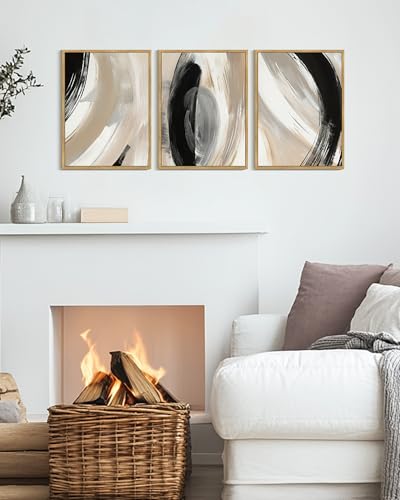 KUVIOKE Black Abstract Framed Wall Art Neutral Minimalist Graffiti Pastel Wall Decor Modern Illustration Art Painting for Bedroom Dining Room 12x16in (Natural Framed) - color: Black Abstract, size: 12 x 16in x 3 Panels Natural