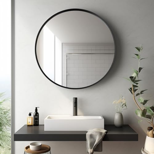 Sunniry Circle Mirror 26 inch, Black Round Mirror, Round Bathroom Mirrors Matte Metal Frame, Circle Mirrors for Living Room, Bathroom, Wall, Hallway. - color: Black, size: 26"L x 26"W