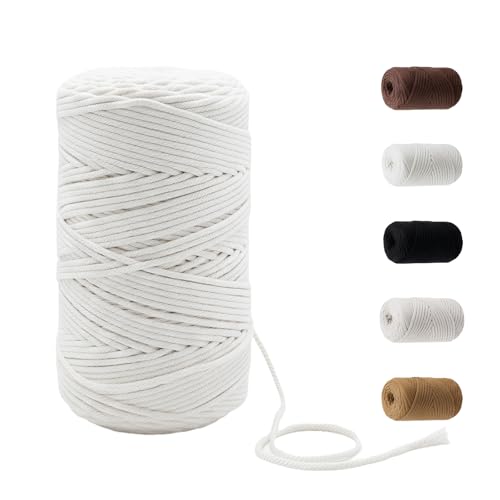 109 Yards Macrame Cord 4 Strand Twisted Recycled Cotton 4mm White String for Crafts Wall Hangings Plant Hangers DIY Knitting Macrame Supplies - color: White, size: 4mmx109Yards