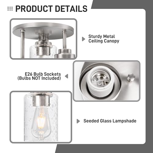 hykolity 3-Light Semi Flush Mount Ceiling Light, 9 Inch Brushed Nickel Close to Ceiling Light Fixtures with Seeded Glass Shades, Modern Ceiling Lighting for Kitchen, Bedroom, Entryway, ETL Listed - color: Brushed Nickel