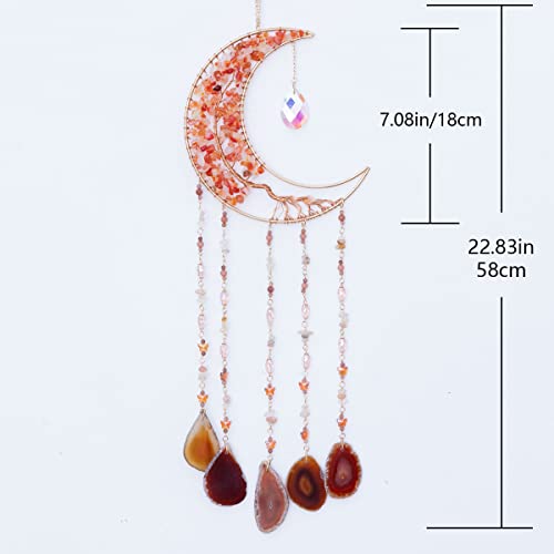 Agate Moon Dream Catchers with Crystal 7 Chakra Gemstone Dream Catchers Color Natural Gem Agate Wall Hangings Room Garden Dreamcatchers Decor (Orange) - color: Orange