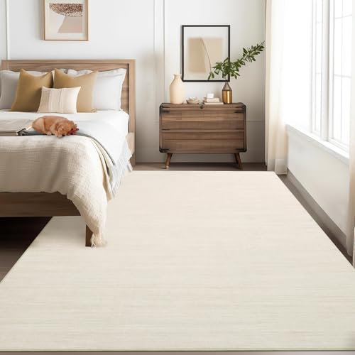 5x7 Washable Rugs Non Slip Minimalist Area Rug for Bedroom Soft Low Pile Solid Color Large Bedroom Throw Carpet Stain Resistant Classic Neutral Area Rug Plain Boho Rugs for Kitchen Nursery, Ivory - color: Ivory, size: 5' x 7' (Rectangular)