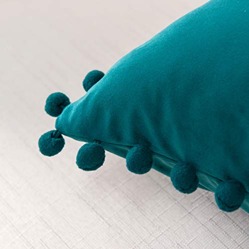 Elegant Comfort POM-POMS Fringe Velvet Cushion Covers Set of 2, Velvet Soft Solid Decorative Square Throw Pillow Covers Set Cushion Case for Couch Bed, Livingroom 18 x 18 Inch (45 x 45 cm), Teal - color: Teal, size: 18" x 18" (Pack of 2)