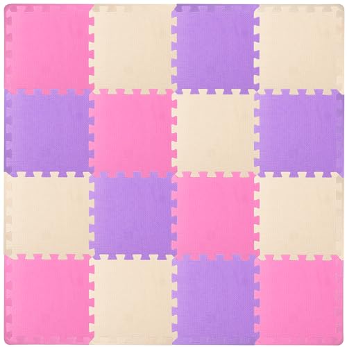 ProSource Baby Play Mat, Soft Foam Floor Tiles for Kids, Interlocking EVA Panels for Playpen Use, Crawling Development Surface, Safe Non-Toxic Toddler Flooring, 16 Tiles, Pink/Purple/Beige - color: Pink/Purple/Beige, size: 16 Tiles