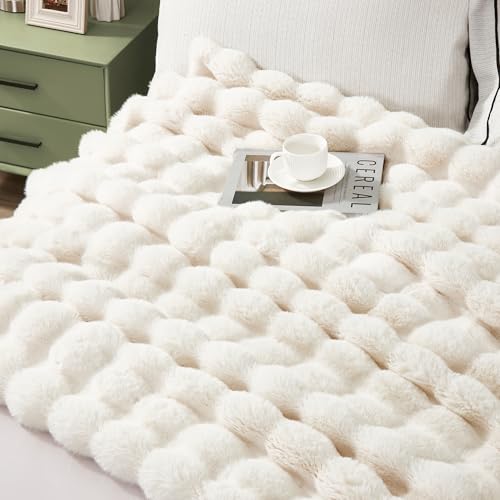 JONIYEAR Soft Fuzzy Bubble Faux Rabbit Fur Throw Blanket for Couch Chair 50" x 60", Reversible Textured Thick Warm Fluffy Blanket for Winter, Luxury Cozy Puffy Shaggy Comfy Furry Blankets, Cream White - color: Cream White - 900gsm, size: Travel/Throw Size