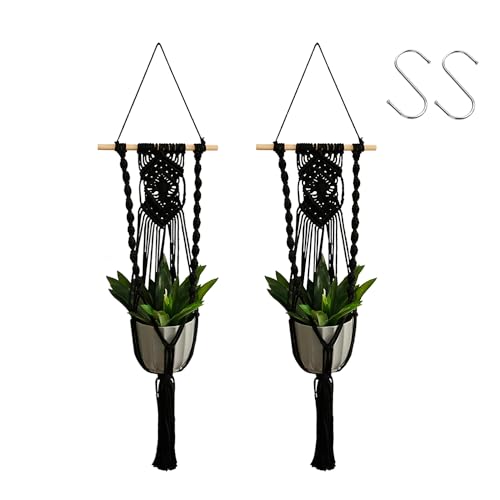 Artilady Black Plant Hanger Macrame Hanging Planter for Indoor Boho Plants Holder with Hooks Hanging Plant Basket Outdoor Window Wall Plants Home Decor (Black Wood Hanger-2pcs) - color: Black Wood Hanger-2pcs