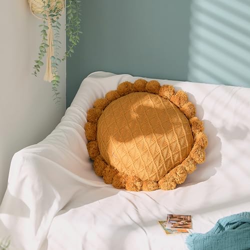 Acrylic Knitted Round Throw Pillow Knitting Bohemian Circular Cushion Pillow with Knit Handmade Pompoms Decorative Warm Orange, Diameter 18inches - color: Warm Orange
