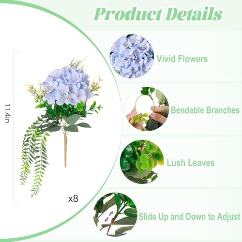 Ammyoo 8 Pcs Artificial Hydrangea Flowers Silk Blue Fake Flower with Eucalyptus for Outdoor Decorations UV Resistant Realistic Faux Plants for Garden Porch Window Box Indoor Table Decor - color: Blue