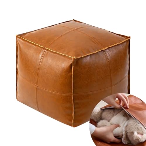Pouf Ottoman - Unstuffed Handmade Faux PU Leather Moroccan Style, Eco-Friendly Pouf Cover with Storage Potential, Foot Rest for Living Room, Floor Chair Gifts for Men & Women (Vintage Orange)
