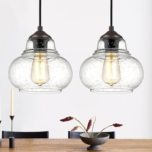 ELYONA 2 Pack Bubble Glass Pendant Lights, 8 Inch Vintage Hanging Lamp Seeded Glass Industrial Pendant Light Fixtures for Kitchen Island, Farmhouse, Bar, Bathroom, Dining Room, Oil Rubbed Bronze - color: Bronze-2 Pack