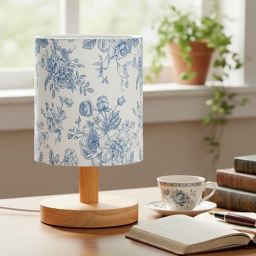 VIHOSE Blue Floral Kids Table Lamp for Bedroom Kids Bedside Lamp with Linen Wooden Nightstand Cartoon Nursery Lampshade for Girls Boys Living Room - style: Blue Floral