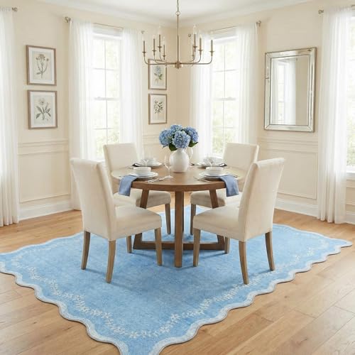 GarveeHome 4x6 Blue Scalloped Washable Area Rug for Nursery Room, Solid Floral Soft Bedroom Rug Non Slip Low Pile Small Carpet Stain Resistant Throw Rug for Dorm Kids Room Office Dining Room - color: Baby Blue, size: 4' x 6' (Rectangular)