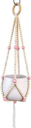 Ochine Macrame Plant Hanger Indoor Hanging Planter Basket Wood Beads Decorative Boho Flower Pot Holder with Round Hooks for Indoor Outdoor Boho Home Decor Handmade Bead Hangers (Not Included Pot)