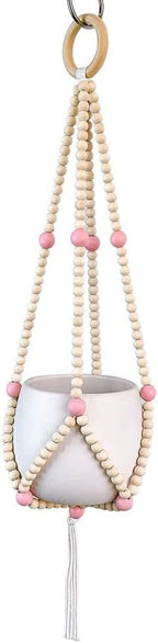 Ochine Macrame Plant Hanger Indoor Hanging Planter Basket Wood Beads Decorative Boho Flower Pot Holder with Round Hooks for Indoor Outdoor Boho Home Decor Handmade Bead Hangers (Not Included Pot)