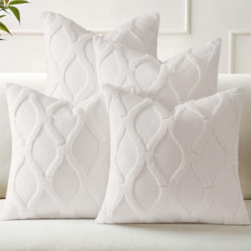 decorUhome Summer Set of 4 Cream White Throw Pillow Covers 16x16 Inch, Neutral Decorative Soft Plush Faux Wool Couch Pillow Covers, Farmhouse Pillow Cases for Living Room Bed Sofa - color: Cream White, size: 16" x 16" (Pack of 4)