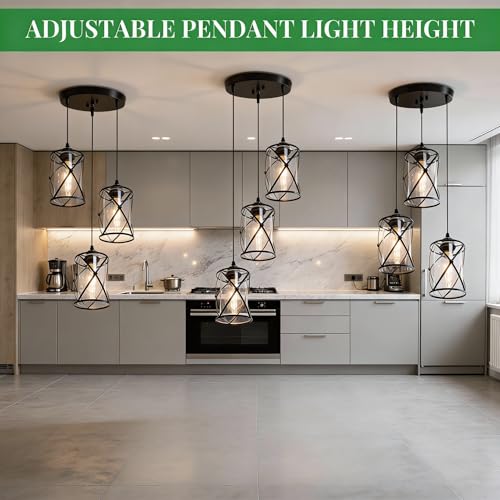 3 Light Pendant Lighting, Farmhouse Hanging Light Fixture for Kitchen Island & Dining Room, Industrial Vintage Ceiling Lamp with E26 Base, Adjustable Height, Matte Black with Glass Shades - color: X-Frame Glass Pendant - 3-Light (Black)