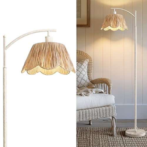 Oneach Farmhouse Floor Lamps for Living Room, Boho Floor Lamp for Bedroom with Foot Switch, Rattan Floor Lamp for Reading with Hand-Woven Shade, Antique White Metal Base & Pole - color: Washed White
