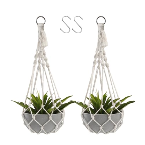 Artilady Macrame Plant Hanger Large Hanging Planter for Indoor Plants Holder White Cotton Rope Hanging Plant Basket Handmade Outdoor Window Boho Plant Wall Decor (White Macrame-2pcs) - color: White Macrame-2pcs