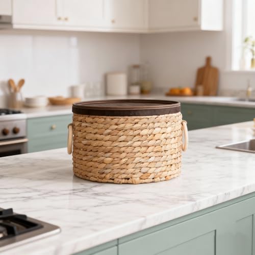 Water Hyacinth Storage Basket with Wooden Lid & Handles, 12.0" D x 6.7" H Handwoven Round Basket for Living room,Bathroom - Decorative Organizer for Home (Large) - size: Large