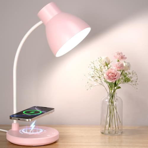 Desk Lamps for Home Office - LED Desk Lamp with Wireless Charger, 3 Color Modes Dimmable Eye-Caring Study Reading Desk Light, Small Flexible Arm Table Lamp for College Dorm Room Bedside, Pink - color: Pink