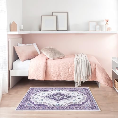 HOMORE Area Rug 2x3 Small Rugs for Bedroom, Purple Floral Rug for Entryway, Faux Wool Non Slip Washable Low Pile Indoor Doormat for Entance Kitchen Bedside, Lavender Vintage Rug for Room Decor - color: Purple, size: 2' x 3' (Rectangular)